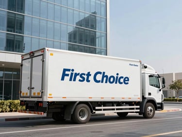 Wide shot of a clean, branded First Choice moving truck parked outside a modern glass office skyscraper in Abu Dhabi, bright daylight, clear sky.
