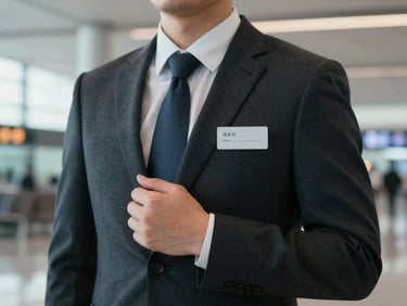 Close-up of a professional driver in a tailored dark suit holding a subtle name sign at a modern airport terminal, soft cinematic lighting.