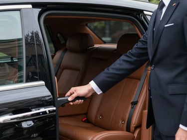 Close-up of a professional chauffeur in a dark tailored suit opening the door of a pristine black executive sedan, showing elegant leather interior details.