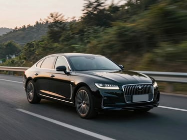 A polished black executive sedan cruising smoothly on a clean highway surrounded by green hills, soft morning light, dynamic motion blur.