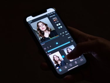 Moody close-up of a smartphone screen displaying video editing software, hands holding the device, dark background with dramatic lighting