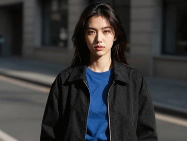 High-contrast editorial portrait of a young woman in streetwear, natural light with deep shadows, urban background, desaturated tones