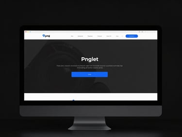 Clean screenshot of a modern minimalist website displayed on a dark sleek monitor, high contrast, sharp blue accents, moody lighting
