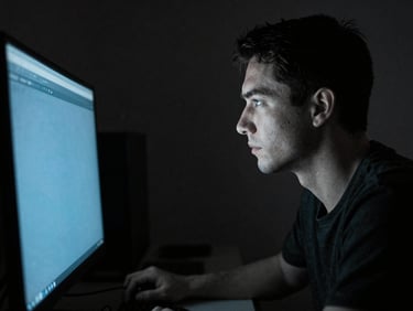 Desaturated portrait of a developer looking at a glowing screen, sharp blue light reflection, moody atmosphere, deep shadows