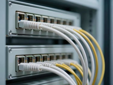Extreme close-up of fiber optic patch panel in a hospital data room, dense color-coded cable bundles, cool white lighting, sharp technical detail, no people