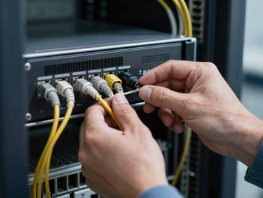 Hands of an engineer configuring a rack-mounted firewall appliance, close framing, cool studio lighting, visible labeling on cable ends, precise technical work in progress