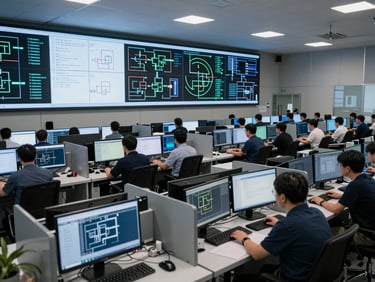Wide angle view of a government IT operations center, rows of workstations with network topology maps on large wall displays, cool even lighting, team members working at consoles, no posed shots