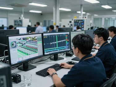 Close overhead view of a manufacturing plant network operations room, technicians focused on dual monitors showing production line telemetry, cool fluorescent lighting, no eye contact with camera
