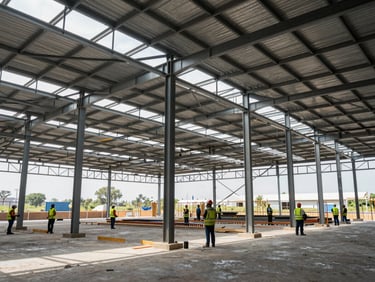 Wide shot of an industrial warehouse under construction in Jalisco, steel structure and metal deck roofing partially installed, workers in hard hats and safety vests on the floor, organized site perimeter, natural daylight