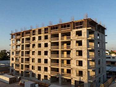 Elevated view of a multi-storey residential building under construction in Zapopan, concrete slab forms and shoring visible on upper floors, clear blue sky, organized material storage at ground level, golden hour side light