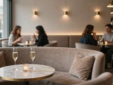 Stylish lounge interior, comfortable seating, soft ambient lighting, champagne accents, patrons enjoying drinks in the background, medium format editorial photography.