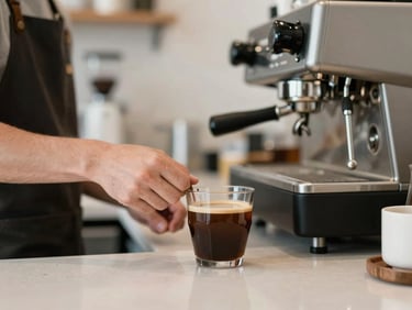 Close-up of a barista preparing coffee in an artisanal cafe, clean counter, natural light, focus on hands and coffee equipment, blurred background, medium format editorial photography.