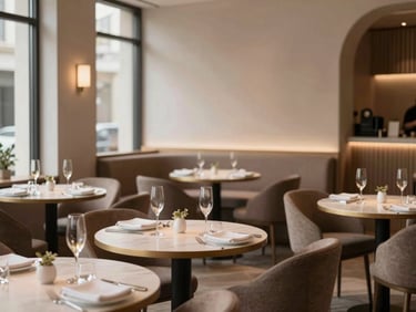 Interior of a modern boutique restaurant, warm lighting, elegant table settings, soft natural daylight, muted earth tones, medium format editorial photography.