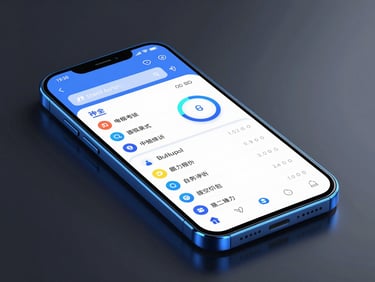 Sleek 3D render of a modern Android phone displaying a clean, high-contrast data dashboard, electric blue neon rim lighting, dark tech aesthetic