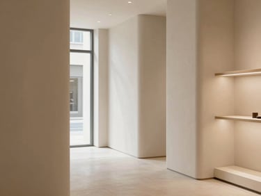 Architectural shot of a clean, minimalist store interior with a clear path for foot traffic, warm light, 35mm