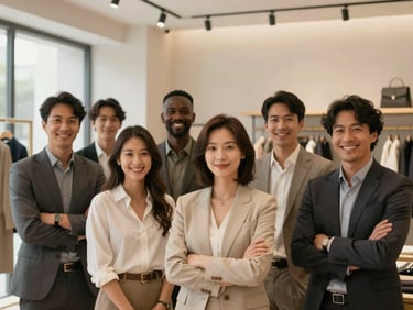 Professional headshot of a diverse, well-dressed retail team smiling confidently in a modern store setting, warm light, 35mm