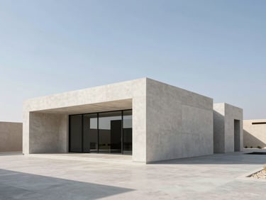 Modern minimalist estate in Al Ain, geometric concrete lines, bright crisp desert daylight, sharp architectural shadows.