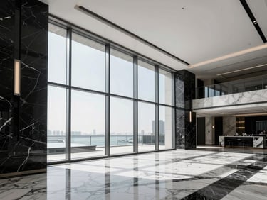 Luxury penthouse interior in Abu Dhabi, high-contrast black and white marble finishes, dramatic floor-to-ceiling glass windows.