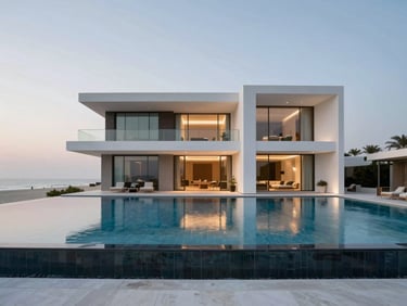 Ultra-luxury modern villa on Saadiyat Island beach, architectural symmetry, twilight lighting, pristine infinity pool mirroring the sky.