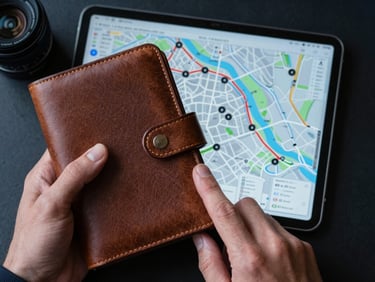 A top-down macro shot of hands holding a leather portfolio and a tablet displaying a detailed route map with cool blue tones