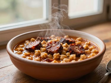 Warm editorial food photography of a steaming bowl of traditional Castilian chickpea stew with chorizo, natural window light, rustic elegant setting, 50mm
