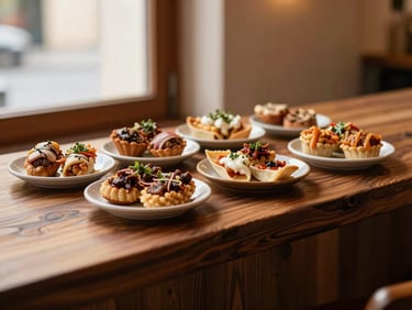 Warm editorial food photography of a selection of traditional Spanish tapas on a dark walnut wood counter, soft ambient glow, shallow depth of field, 50mm