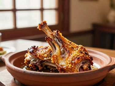 Warm editorial food photography of a golden, crispy roasted suckling lamb served in a traditional clay dish, soft ambient dining room light, 50mm