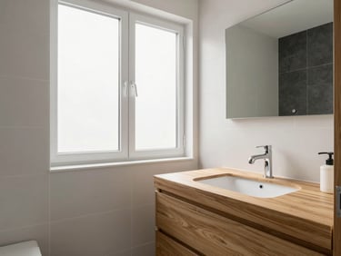 Bright architectural interior photograph of a modern bathroom with clean tile work, warm oak vanity, natural window light