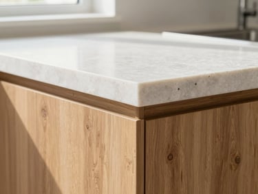 Detail crop of a pristine white quartz countertop edge meeting a warm oak cabinet, bright natural daylight, clean lines