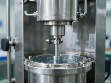 Close-up of automated stainless steel mineral water bottling machinery in motion, bright cool lighting, industrial precision.