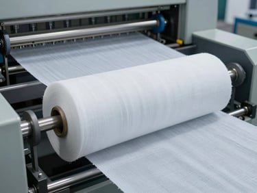 Industrial raw material rolls of non-woven fabric feeding into a high-capacity manufacturing machine, technical grid feel.