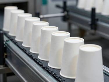 A line of completed paper cups stacked in neat industrial rows on a conveyor belt, cool slate tones, sharp focus.