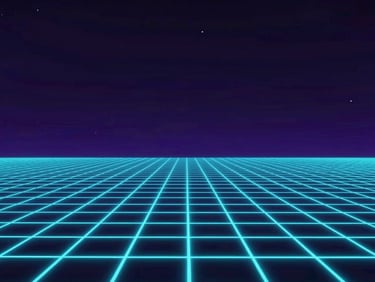 Wide immersive digital landscape with glowing cyan grid lines, low horizon, cinematic lighting, octane render