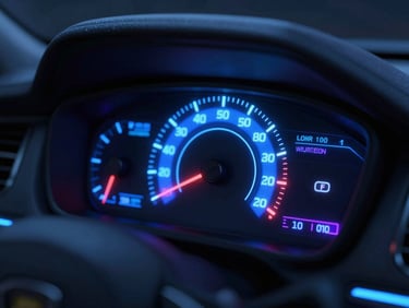 Macro close-up of a futuristic glowing neon blue sports car dashboard, high-contrast digital speedometer, dark synthwave aesthetic
