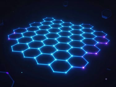Abstract glowing neon blue hexagonal grid floating in a dark digital void, interconnected nodes pulsing with turquoise light, high-tech futuristic interface design, cinematic octane render.