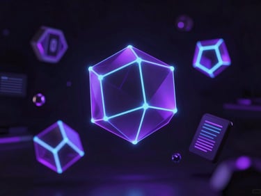 Futuristic glowing geometric nodes and high-tech UI elements, electric purple and turquoise edge glows, dark environment