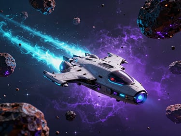 Sleek futuristic spaceship navigating through a dense field of dark asteroids, bright cyan engine trails, glowing purple nebula in the background, high-contrast cinematic lighting, octane render.