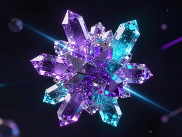 Floating complex geometric puzzle made of translucent purple and cyan crystals, glowing light beams connecting the fragments in dark space, high-tech cybernetic aesthetic, 3D render.