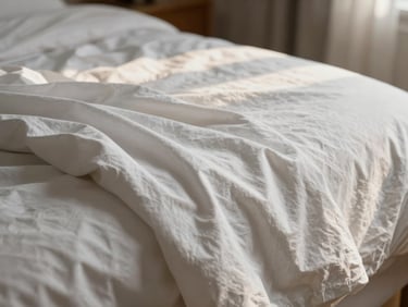 Détail macro de draps en lin blanc impeccablement repassés, posés sur un lit king-size, lumière dorée de fin d'après-midi filtrant à travers un voilage.
