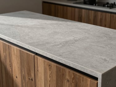Large-format gray porcelain slab installed as a seamless kitchen island, minimal modern interior, sharp focus