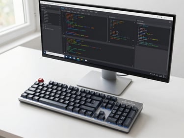 Overhead clean shot of a mechanical keyboard and a high-resolution monitor displaying a dual-pane code editor with active terminal outputs, bright natural window lighting.