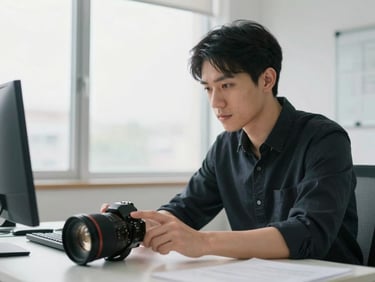 Crisp medium close-up of a focused professional working in a bright, modern studio workspace with natural window light, 35mm lens
