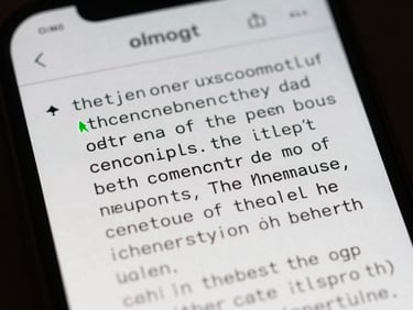 Extreme close-up of a mobile screen displaying a distraction-free plain text editor with monospace typography and green cursor highlight under low-key studio lighting.