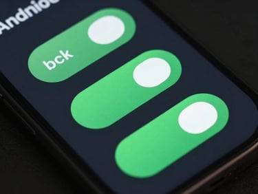 Extreme close-up of a high-fidelity mobile UI component on a dark screen, showing sharp vector lines, vibrant Android-green active toggles, and precise monospace typography under moody studio lighting.