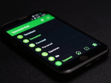 Macro studio shot of a high-contrast terminal interface on a physical Android phone screen, neon green UI accents glowing in a dark environment.
