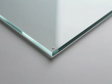 Overhead flat-lay of a tempered glass panel edge, light refracting through the thickness, cool neutral studio light, ground polished edge clearly visible against a pale grey surface