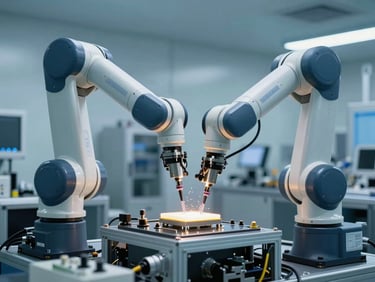 Automated cleanroom manufacturing line with precise robotic arms assembling temperature sensors, cool sterile blue and slate gray lighting.