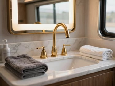 Close-up of a luxury trailer interior, featuring a white marble countertop, brushed gold faucet, warm backlit mirror, and premium hand towels