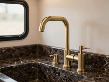 Close-up architectural shot of a brushed champagne gold faucet over a dark Nero Marquina marble countertop inside a mobile trailer. A warm, diffused light highlights the premium metallic finish and a minimal soap dispenser, creating an atmosphere of hotel-grade luxury.