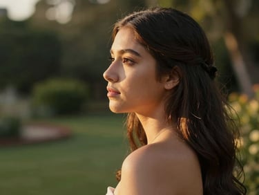 Tight portrait of a quinceañera in profile, face and bare shoulders lit by warm golden hour light from the side, soft background bokeh of an outdoor garden, contemplative expression, no forced pose, natural and still